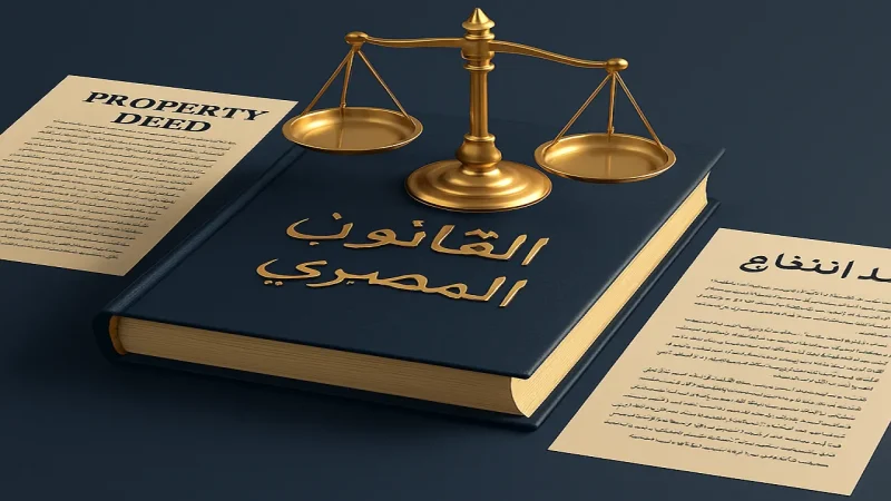 حق الانتفاع فى القانون المدني المصري - صورة احترافية توضح ميزان العدالة وعقد الانتفاع ووثائق الملكية العقارية
