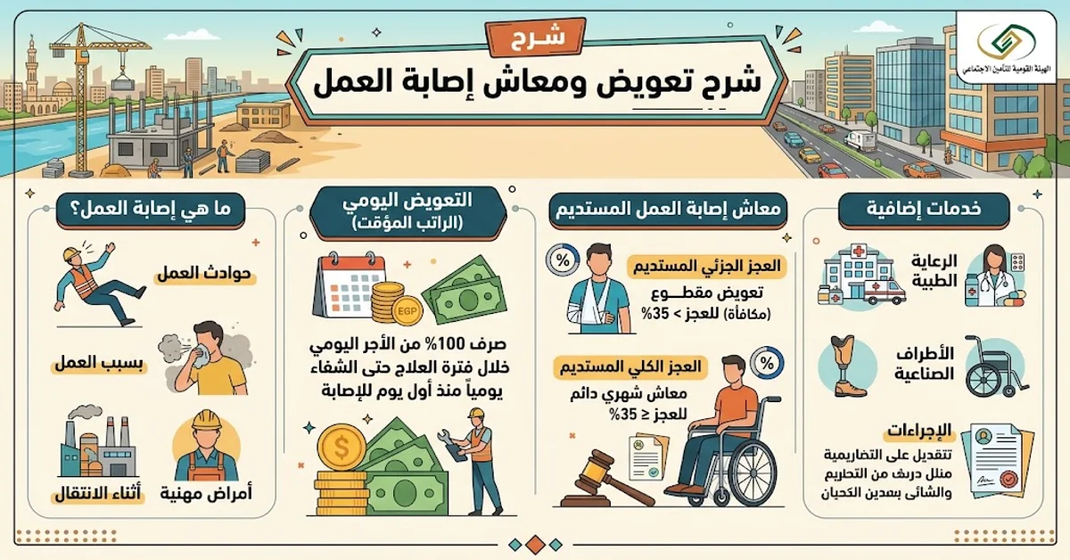انفوجرافيك يوضح شرح تعويض معاش إصابة العمل