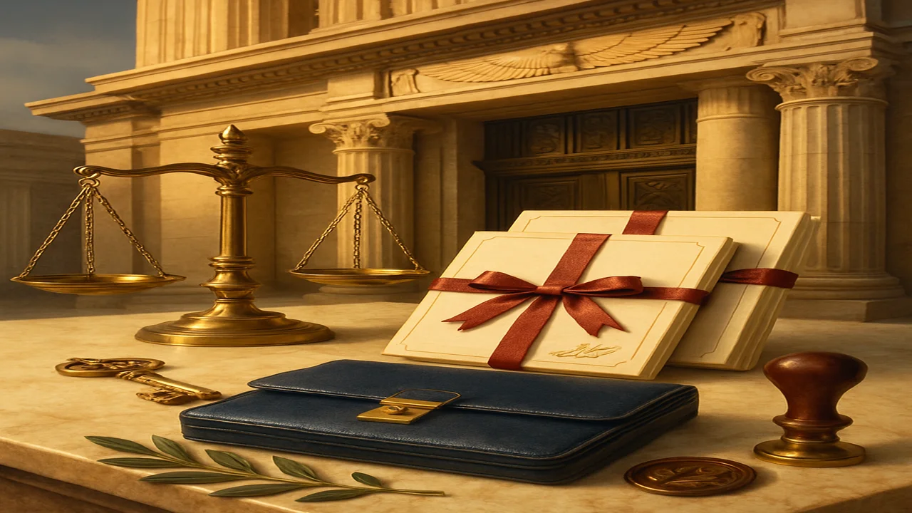 واجهة مبنى محكمة مصرية مع سندات ملكية ومفاتيح رمزية تعبر عن إجراءات التمكين والتظلم من قرارات الحيازة الوقتية