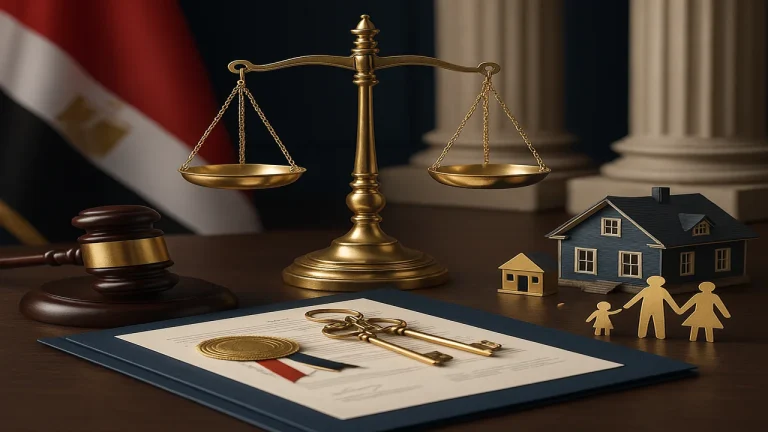 ميزان العدالة الذهبي ومطرقة القاضي مع مستندات قانونية تمثل دور النيابة العامة في منازعات الحيازة والتمكين من العقارات