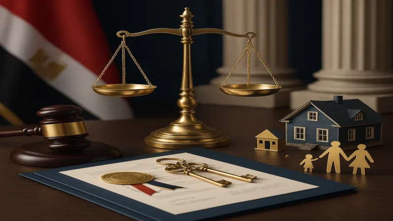 ميزان العدالة الذهبي ومطرقة القاضي مع مستندات قانونية تمثل دور النيابة العامة في منازعات الحيازة والتمكين من العقارات