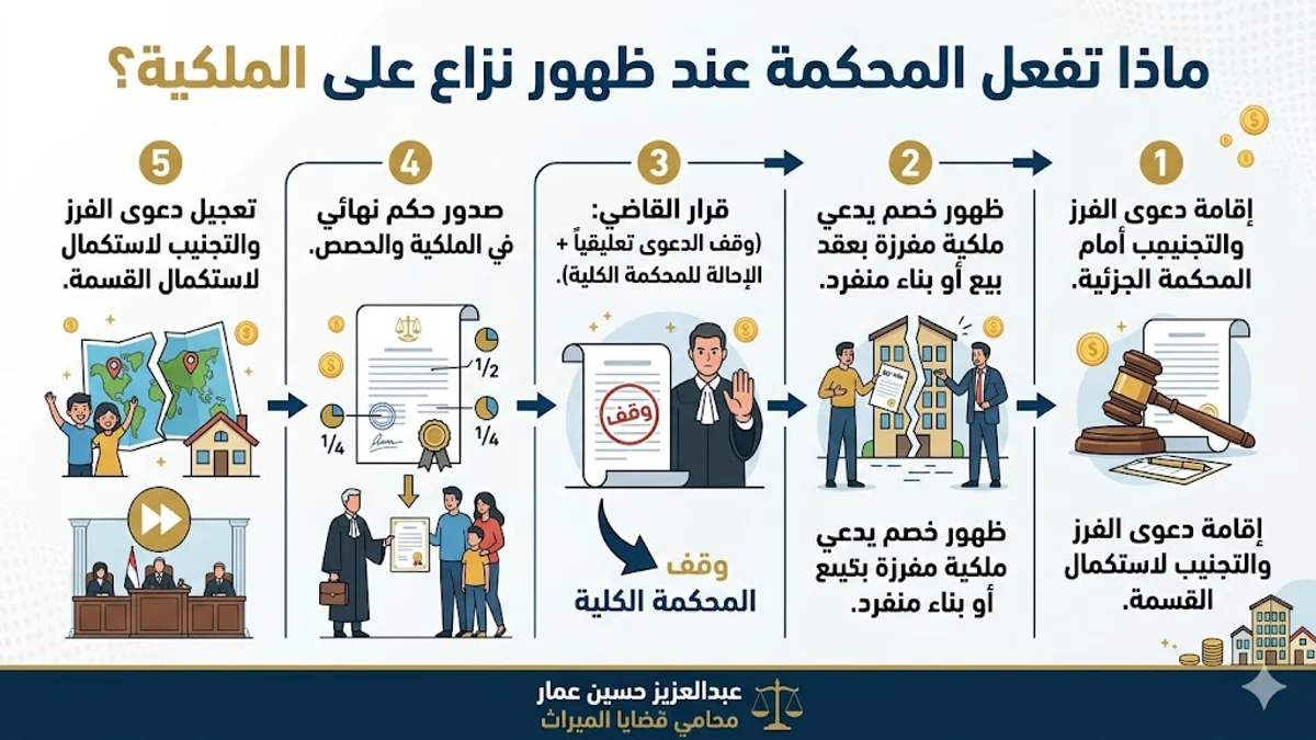 ماذا تفعل المحكمة عند ظهور نزاع على الملكية؟ ماذا تفعل المحكمة عند ظهور نزاع على الملكية؟