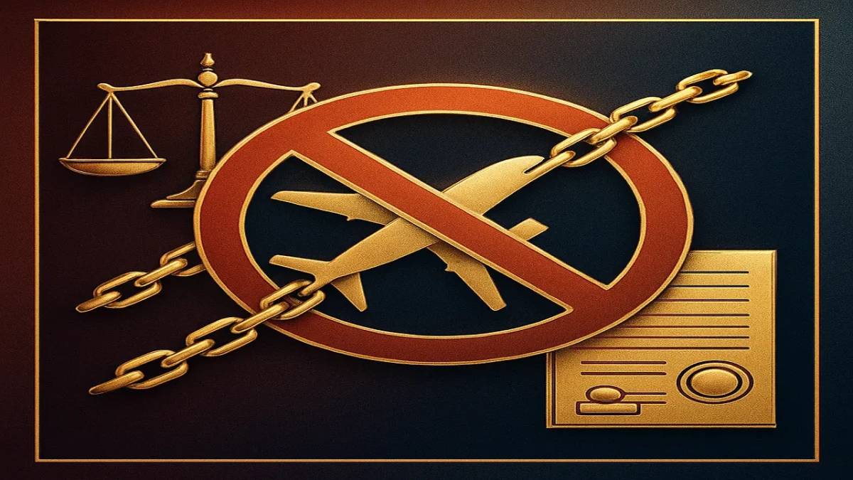 المنع من السفر والإجراءات القانونية صورة احترافية تعبر عن المنع من السفر: طائرة مقيدة بسلاسل ذهبية، جواز سفر، علامة منع، ميزان العدالة، وشعار المحكمة على خلفية زرقاء داكنة