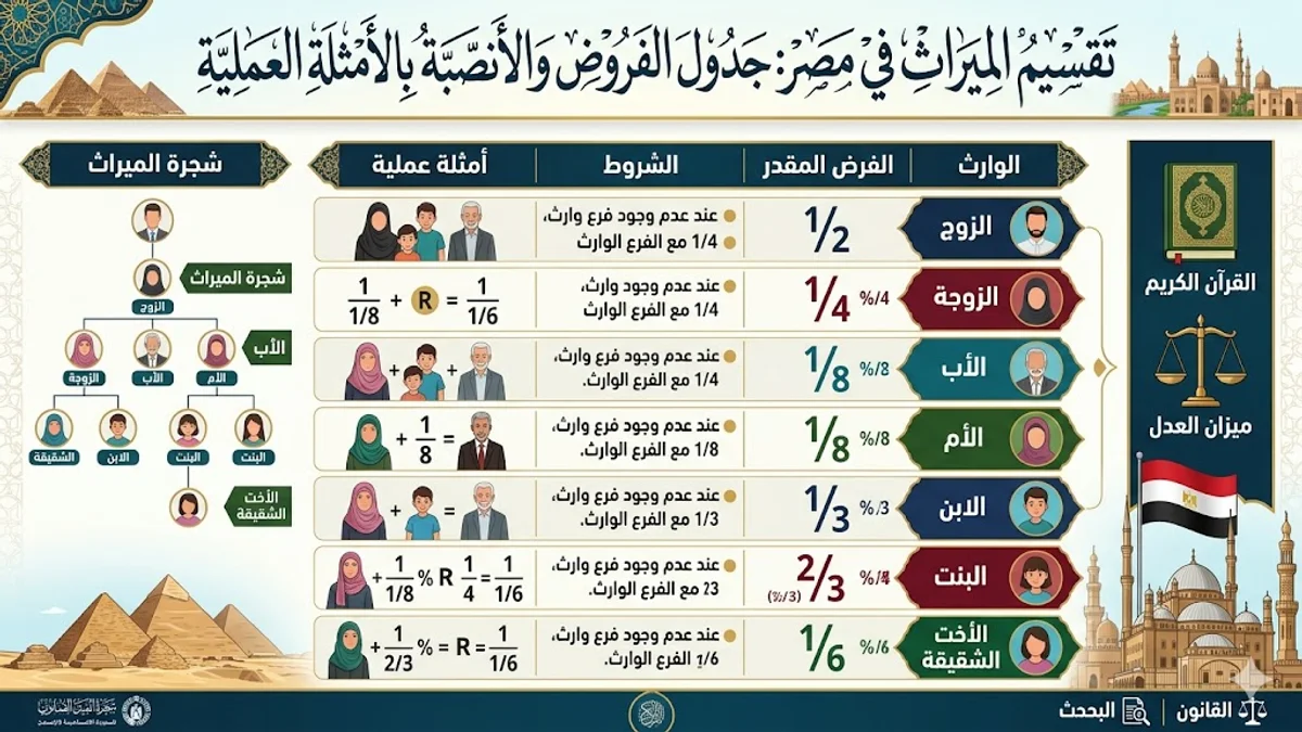 جدول تقسيم الميراث في مصر الفروض والأنصبة بالأمثلة العملية جدول تقسيم الميراث في مصر الفروض والأنصبة بالأمثلة العملية