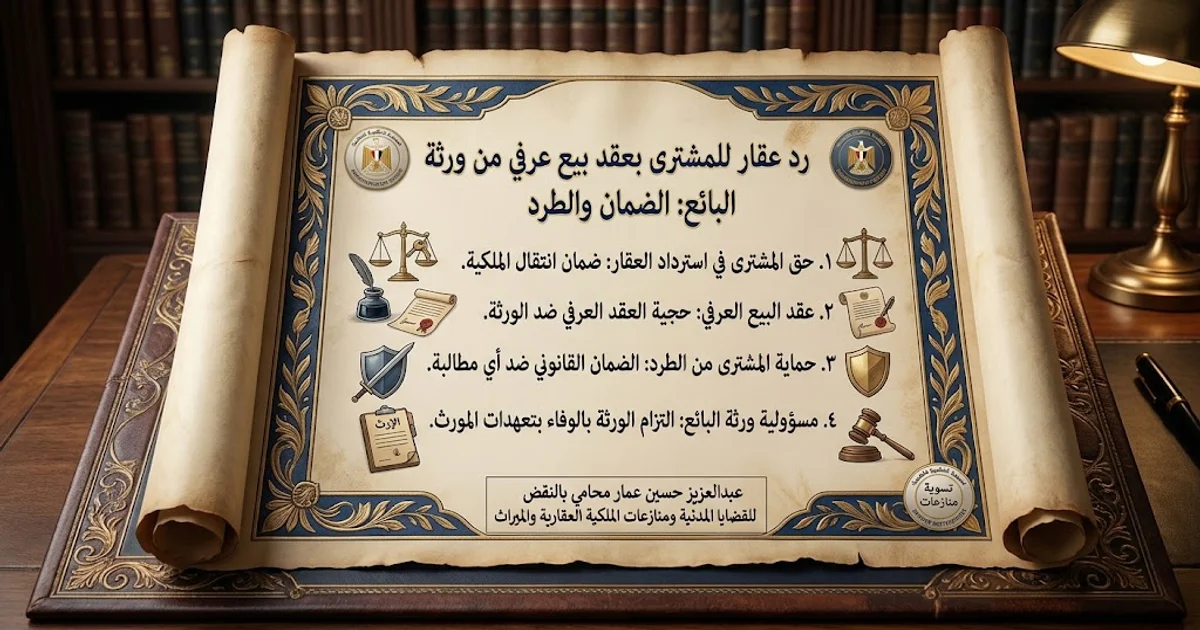 رد عقار للمشترى بعقد بيع عرفي وضمان عدم التعرض بالمادة 439 مدني