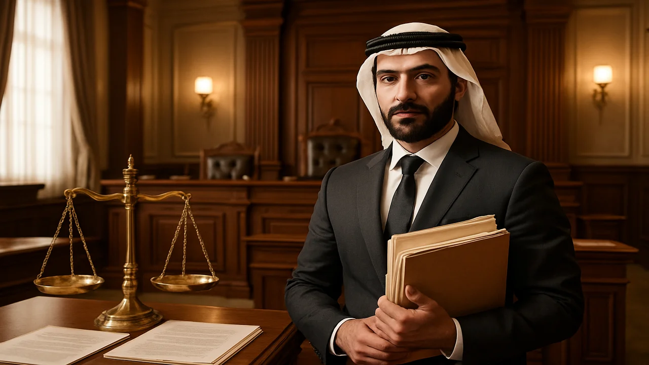 محامي مصري محترف يمسك بالملفات القانونية واقفًا بثقة أمام قاعة محكمة الاستئناف مع ميزان العدالة - قصة نجاح دفع قانوني ناجح