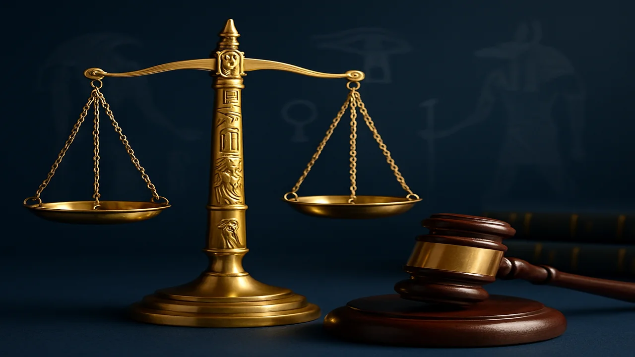 ميزان العدالة الذهبي ومطرقة القاضي على خلفية زرقاء داكنة مع كتب القانون المصري - موسوعة الدفوع القانونية للمحامي