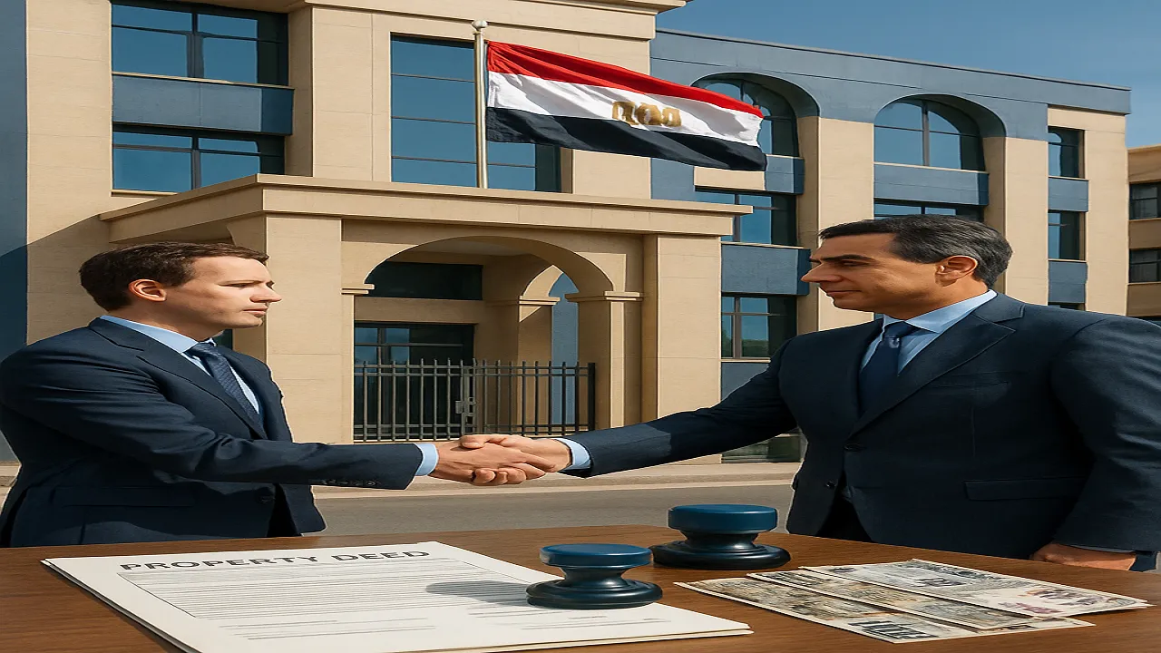 مصافحة قانونية بين ممول ومسؤول حكومي أمام مبنى مصلحة الضرائب المصرية