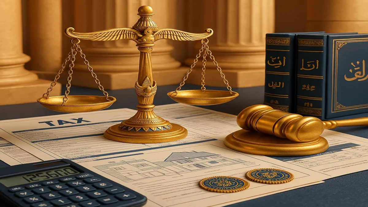 ميزان العدالة الذهبي فوق مستندات الضرائب العقارية مع مطرقة القاضي في مصر
