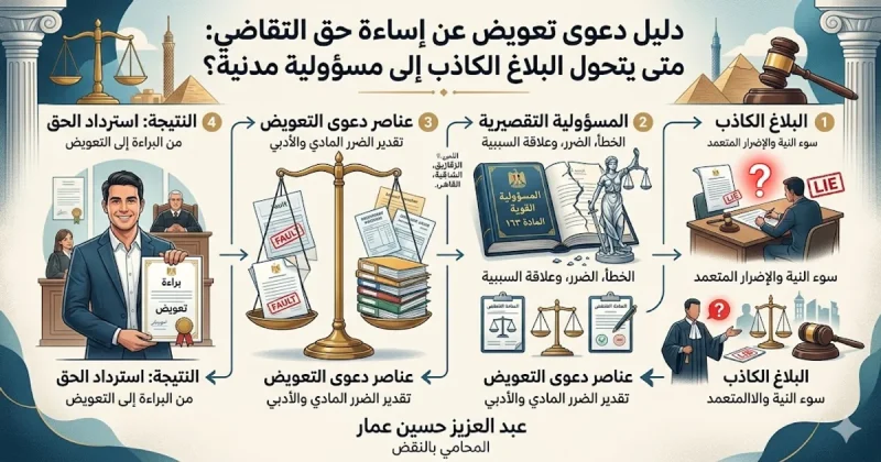 دليل دعوى تعويض عن إساءة حق التقاضي - متى يتحول البلاغ الكاذب إلى مسؤولية مدنية