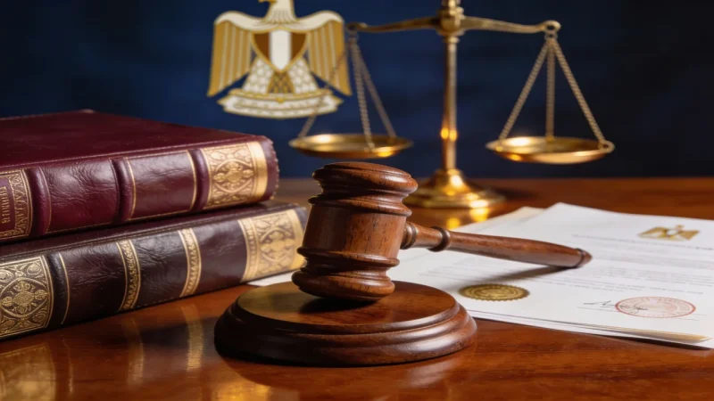 اصدار الحكم القضائي وحجية الأحكام - مطرقة القاضي وميزان العدالة مع وثائق قانونية