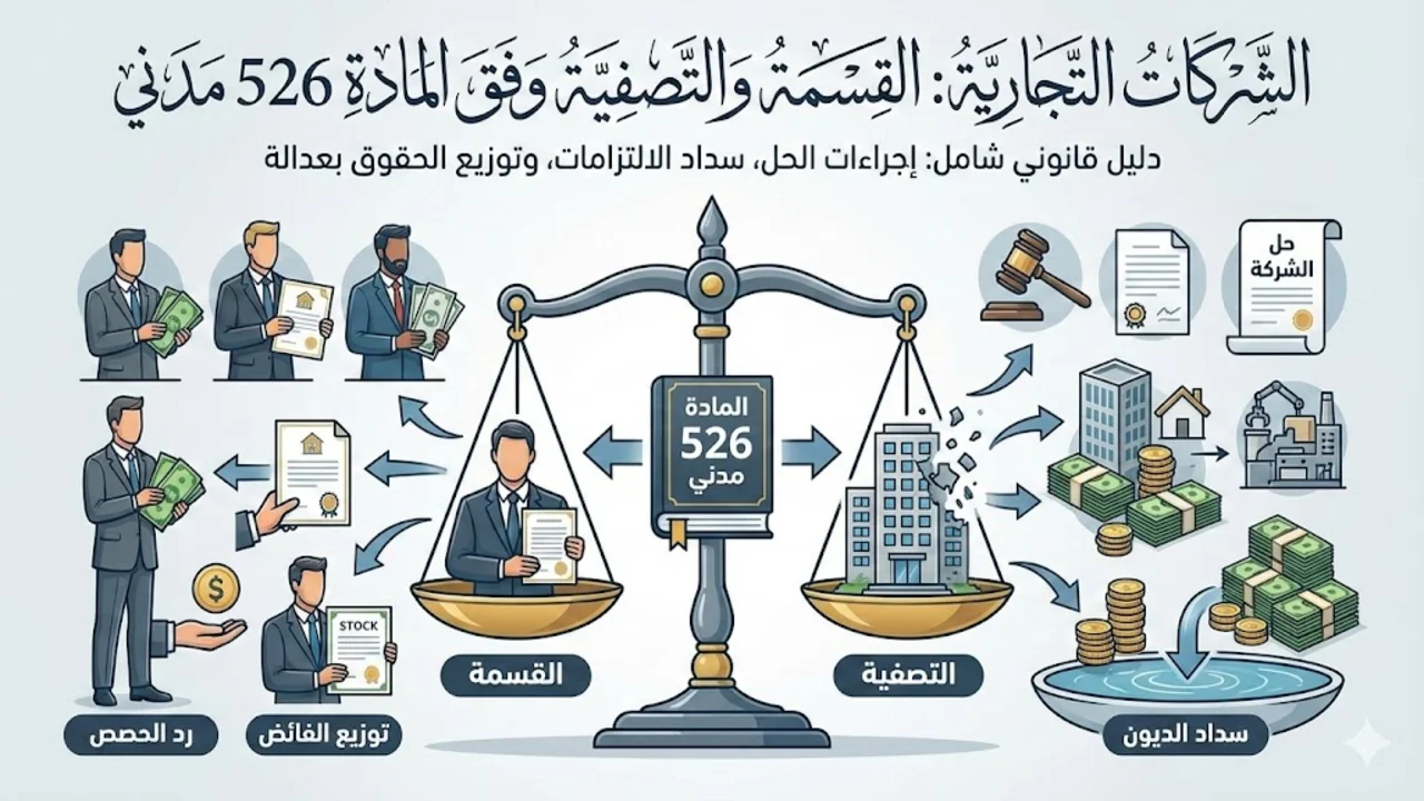 الشركات التجارية القسمة والتصفية وفق المادة 526 مدني