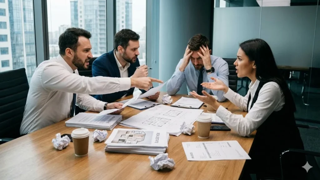 مجموعة شركاء يتناقشون حول نفقات وفواتير ومستندات عقارية