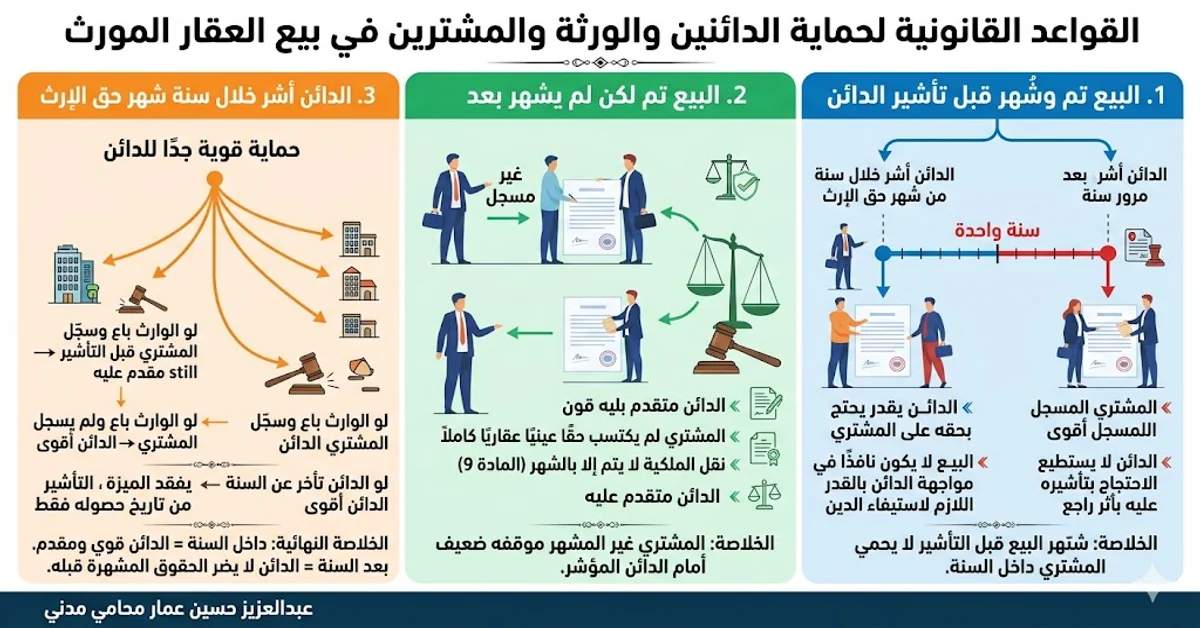 القواعد القانونية لحماية الدائنين والورثة والمشترين في بيع العقار المورث