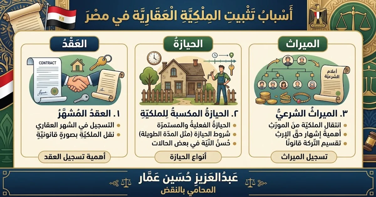 أسباب تثبيت الملكية العقارية في مصر العقد والحيازة والميراث