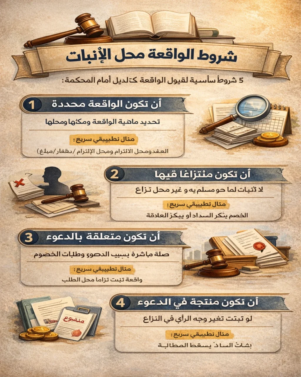 إنفوجرافيك يوضح شروط الواقعة محل الإثبات وعلاقتها بـ نصاب البينة في القانون لقبول الدليل أمام المحكمة مع أمثلة تطبيقية مختصرة.