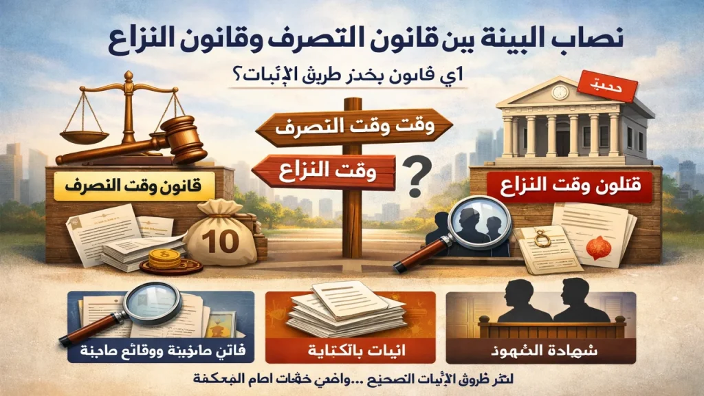 نصاب البينة في القانون عند تغيير التشريع بين وقت التصرف ووقت النزاع، مع إبراز الإثبات بالكتابة وشهادة الشهود والقرائن والنظام العام