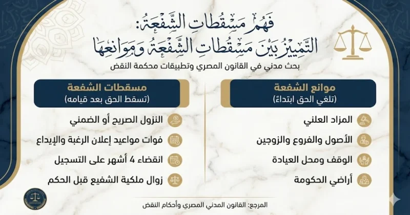 مسقطات الشفعة وموانعها في القانون المدني المصري — متى يسقط حق الشفيع؟