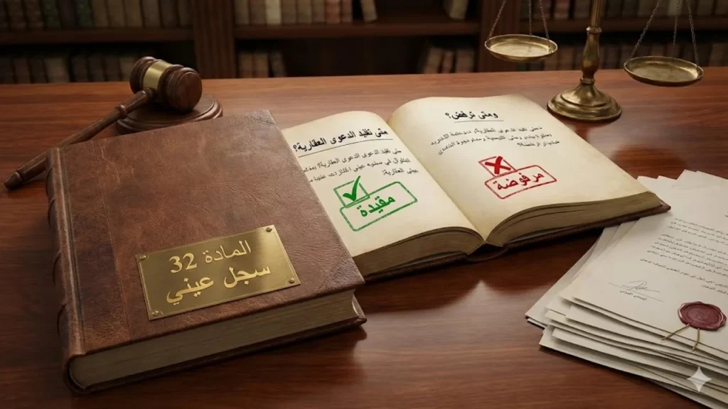 المادة 32 سجل عيني متى تقيد الدعوى العقارية؟ ومتى ترفض؟ المادة 32 سجل عيني متى تقيد الدعوى العقارية؟ ومتى ترفض؟