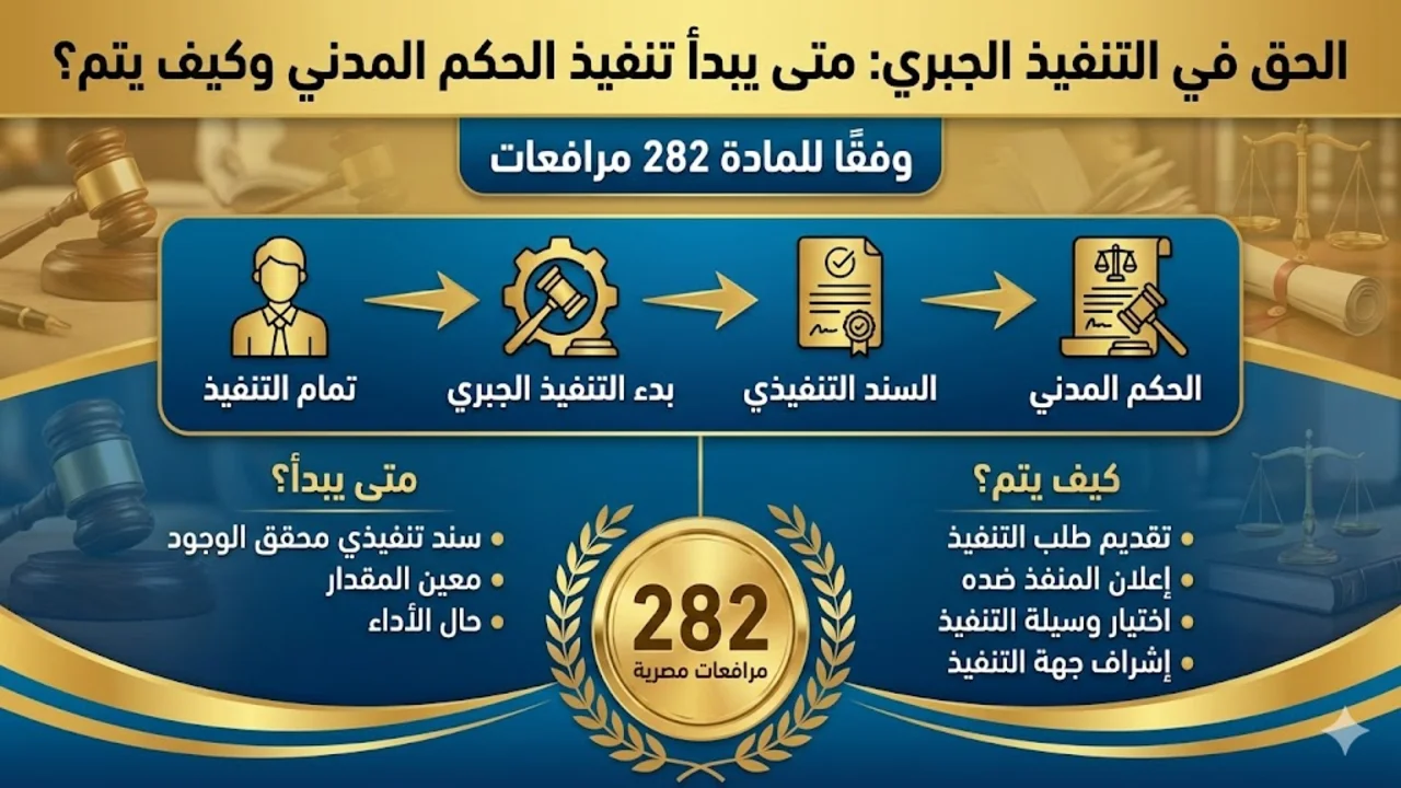 الحق في التنفيذ الجبري: متى يبدأ تنفيذ الحكم المدني وكيف يتم؟ | محامي نقض عبدالعزيز حسين عمار — الزقازيق