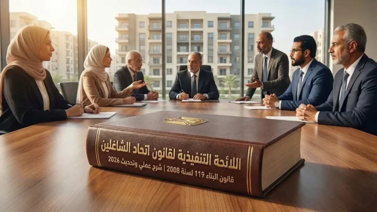 مجلد لائحة قانون اتحاد الشاغلين التنفيذية وقانون البناء 119 لسنة 2008 تحديث 2026 على طاولة اجتماع رسمي.