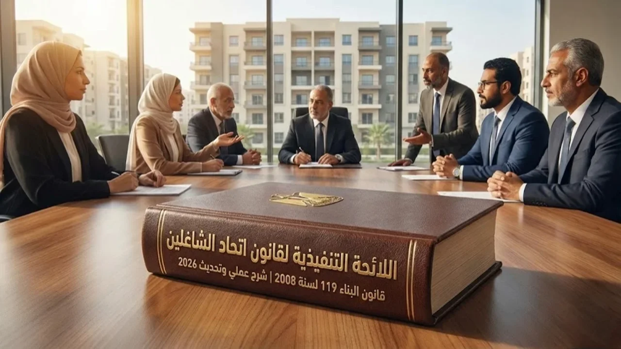 لائحة قانون اتحاد الشاغلين قانون البناء 119 النصوص والشرح- مجلد لائحة قانون اتحاد الشاغلين التنفيذية وقانون البناء 119 لسنة 2008 تحديث 2026 على طاولة اجتماع رسمي.