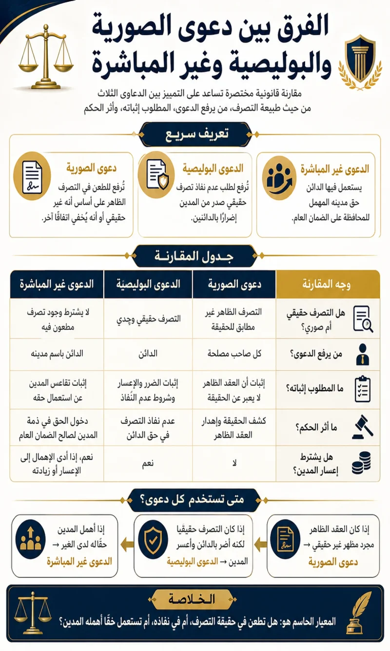 الفرق بين دعوى الصورية والبوليصية وغير المباشرة
