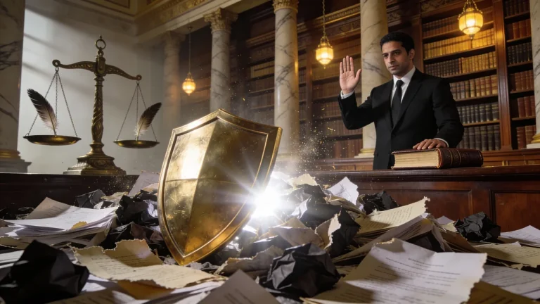 مبدأ حسن النية في القانون المصري: درع ذهبي يحمي عقود قانونية مع ميزان عدالة ومحامي في مكتبة نقض