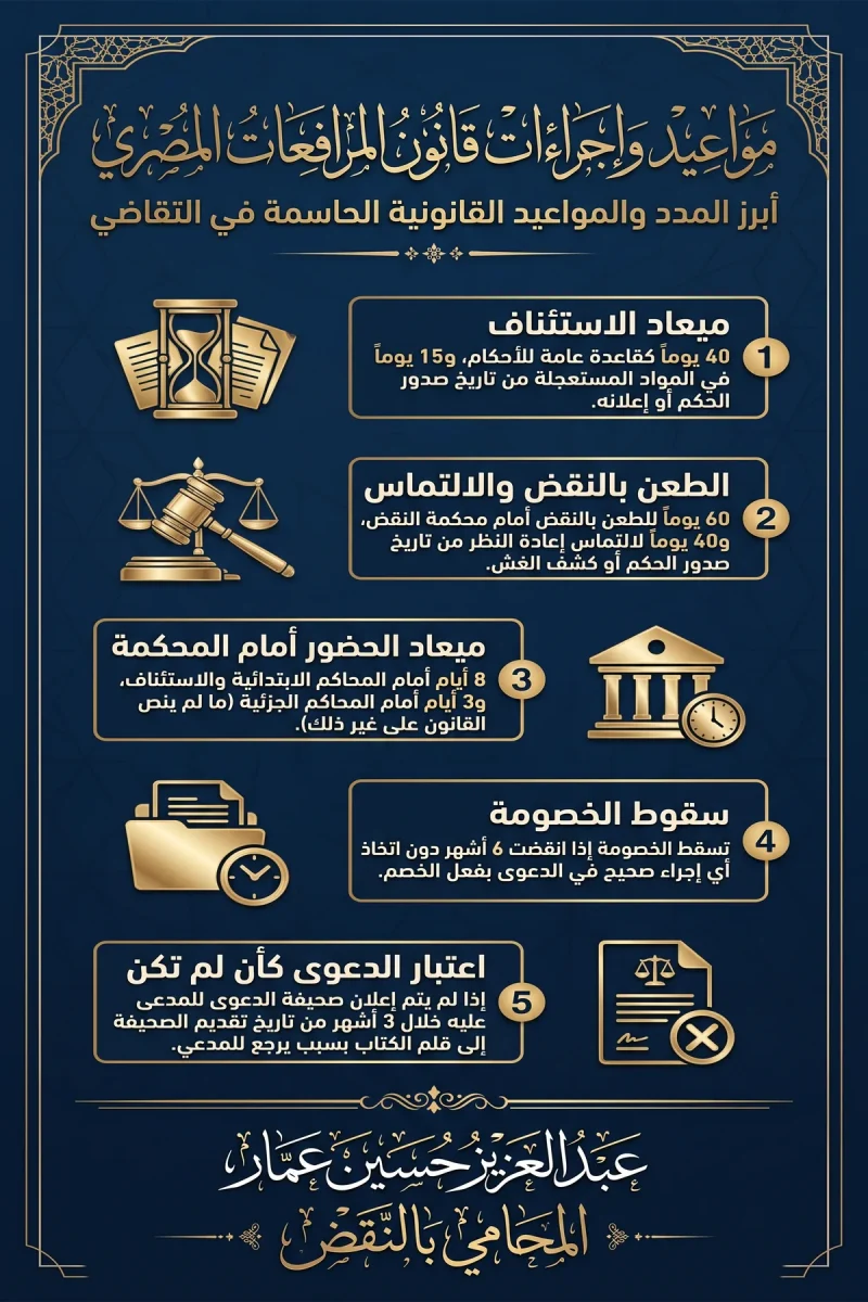 انفوجرافيك مواعيد واجراءات قانون المرافعات في مصر