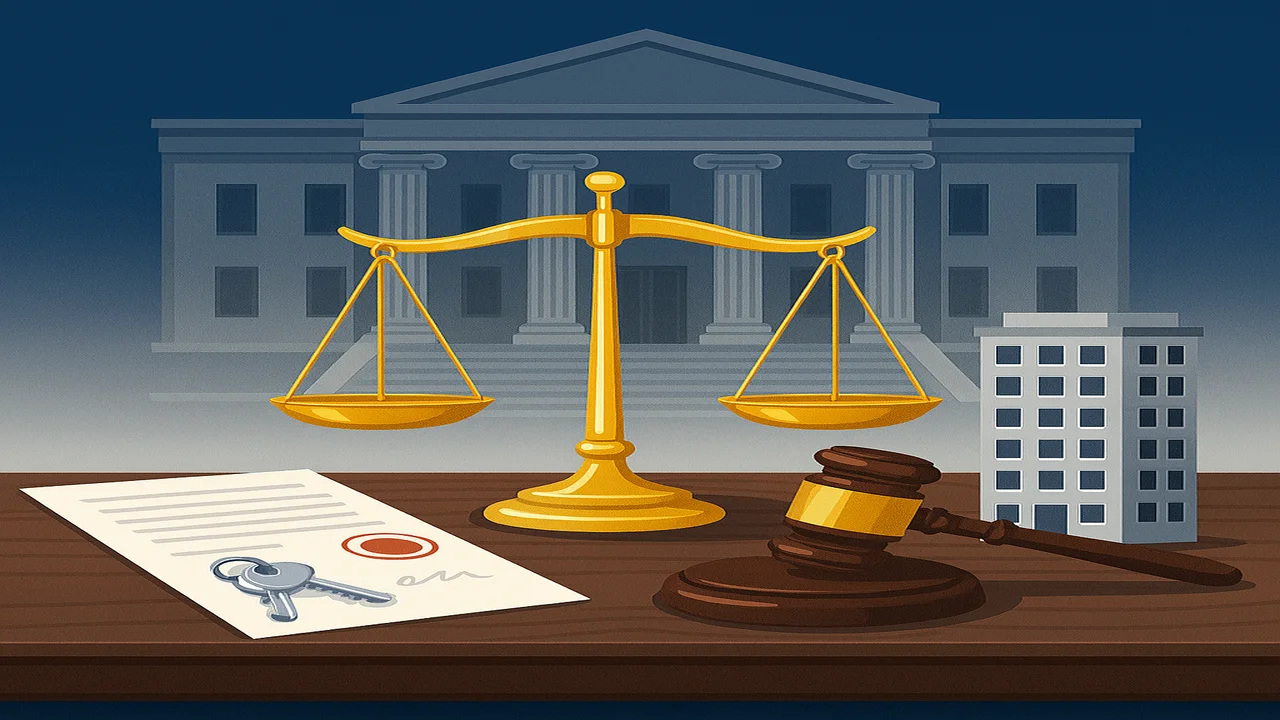 دعوى الحيازة والطرد للغصب في القانون المصري مع ميزان عدالة ومطرقة قاضٍ ومبنى محكمة وعناصر عقارية في صورة واحدة