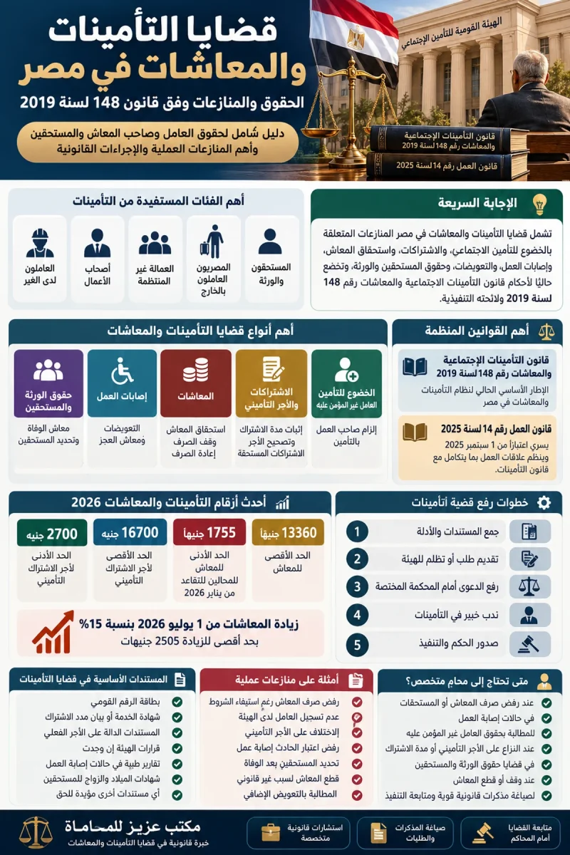 إنفوجرافيك قضايا التأمينات والمعاشات في مصر 2026 وفق قانون 148 لسنة 2019.