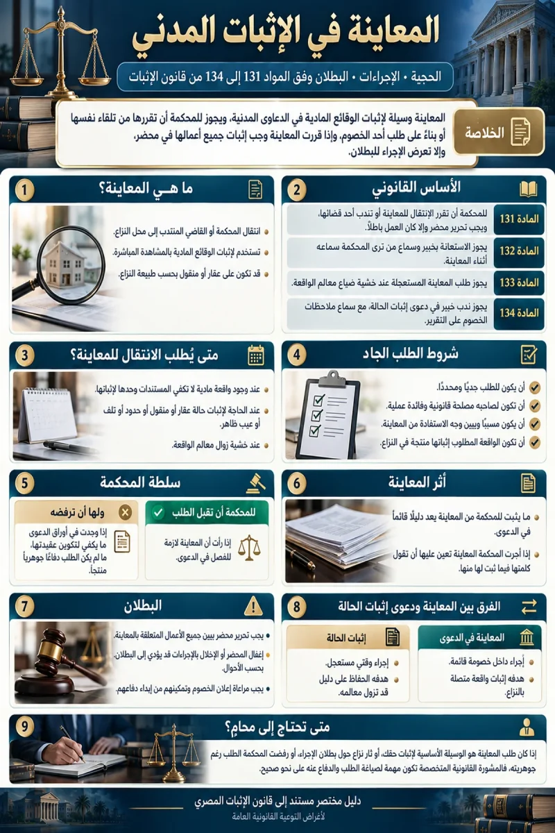 قواعد المعاينة في اثبات الوقائع المادية المدنية انفوجرافيك المعاينة في اثبات الوقائع المادية المدنية