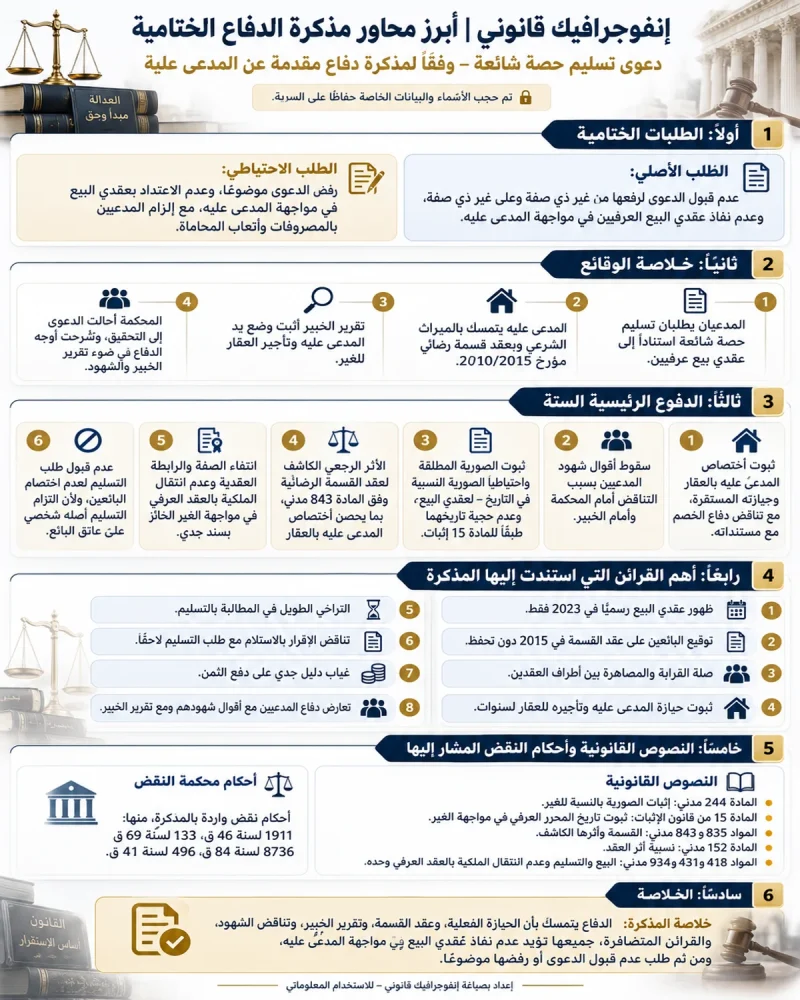 إنفوجرافيك قانوني لمحاور مذكرة الدفاع