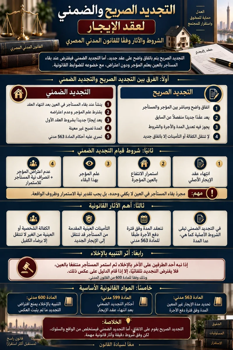 انفوجرافيك التجديد الصريح والضمني لعقد الإيجار انفوجرافيك التجديد الصريح والضمني لعقد الإيجار