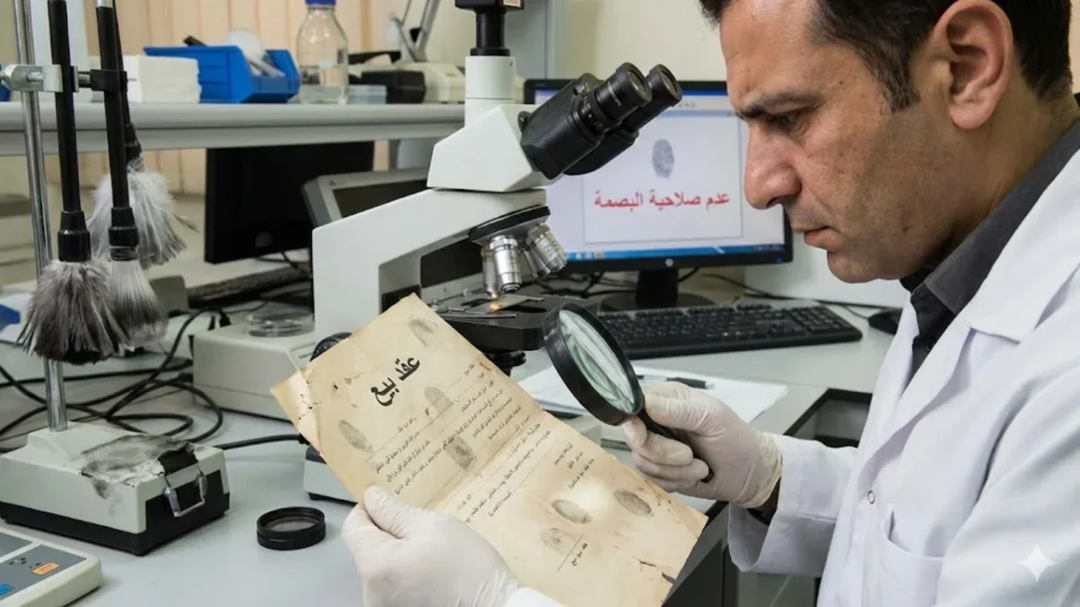 خبير أدلة جنائية يفحص عدم صلاحية البصمة للمضاهاة على عقد بيع عدم صلاحية البصمة للمضاهاة-خبير أدلة جنائية يفحص عدم صلاحية البصمة للمضاهاة