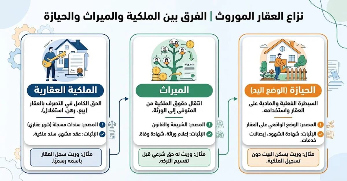 نزاع العقار الموروث الفرق بين الملكية والميراث والحيازة
