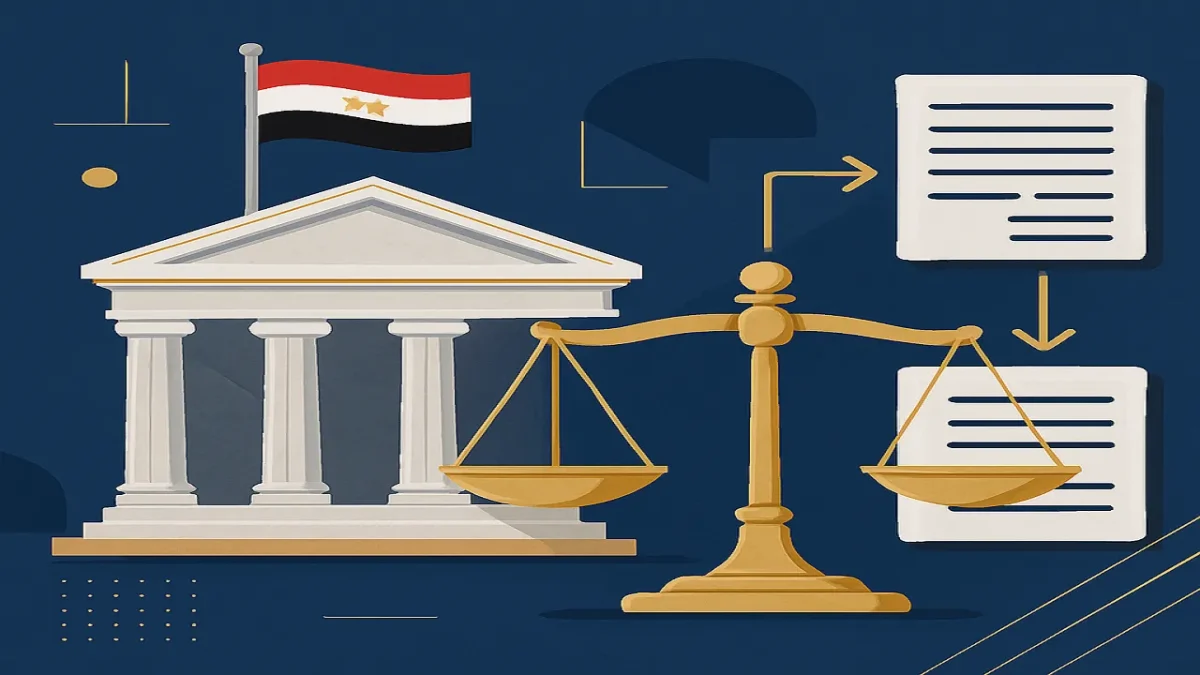 عناصر قانونية وقضائية مصرية: ميزان العدل وكتب القانون وختم رسمي مع ألوان علم مصر، تمثيل احترافي للارتباط بين الطلب العارض والطلب الأصلي