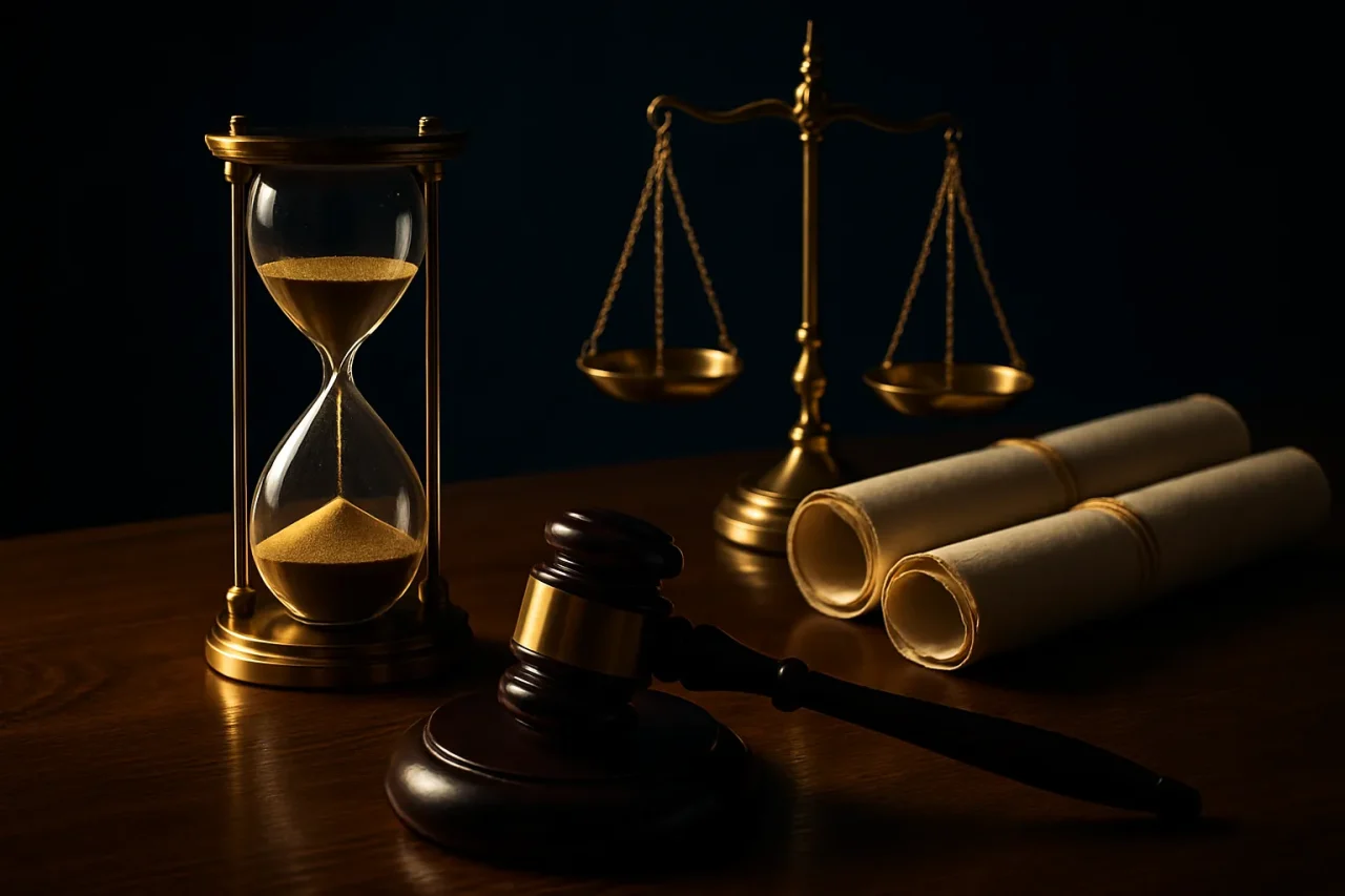 ساعة رملية وميزان العدالة ترمز لسقوط الحق في المطالبة بفسخ عقد البيع بالتقادم الطويل في القانون المدني المصري