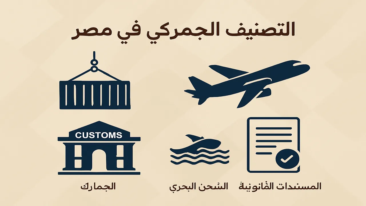 تصميم احترافي عالي الدقة يعكس تصنيف الجمارك في مصر، يتضمن رموز الحاويات والشحن والمباني الجمركية والوثائق القانونية