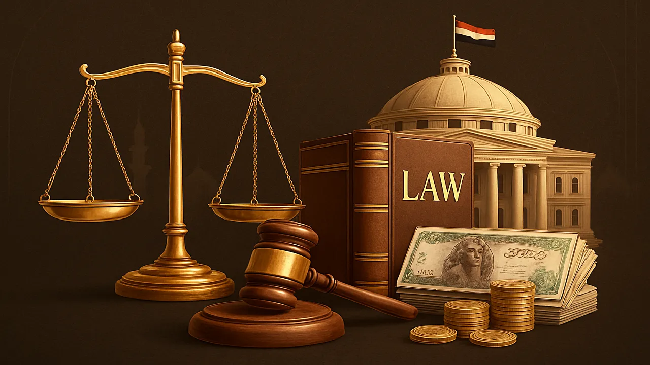 تصنيف الضرائب في مصر - الجوانب القانونية والمالية تصميم احترافي يمثل تصنيف الضرائب في مصر يظهر رموز العدالة والقانون والمال ومباني حكومية بخلفية أنيقة