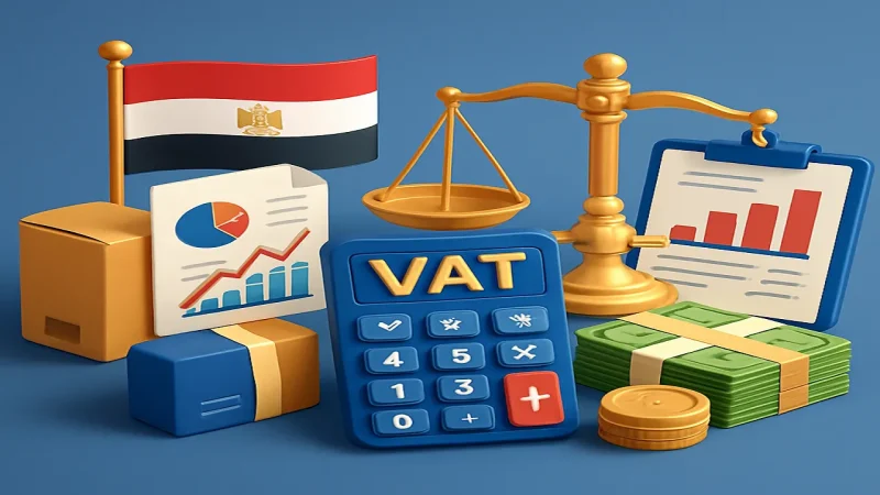 تمثيل مرئي تعديل قانون ضريبة القيمة المضافة 157 لسنة 2025 يضم آلة حاسبة وعلم مصر وميزان العدالة وأموال وسلع تجارية