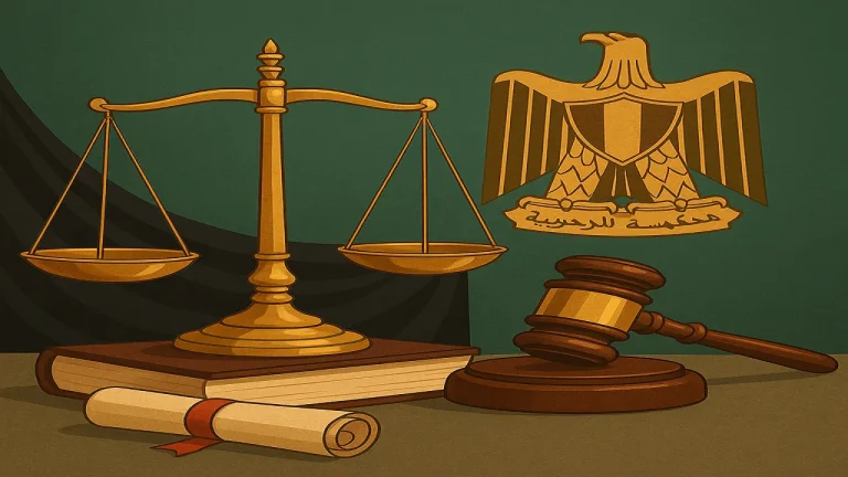 سقوط الحق في فسخ عقد البيع بالتقادم الطويل: متى ولماذا؟ 1 ميزان العدالة ودفتر قانوني ومطرقة قاضٍ أمام شعار جمهورية مصر العربية يعبران عن مفهوم سقوط الحق في فسخ عقد البيع بالتقادم الطويل