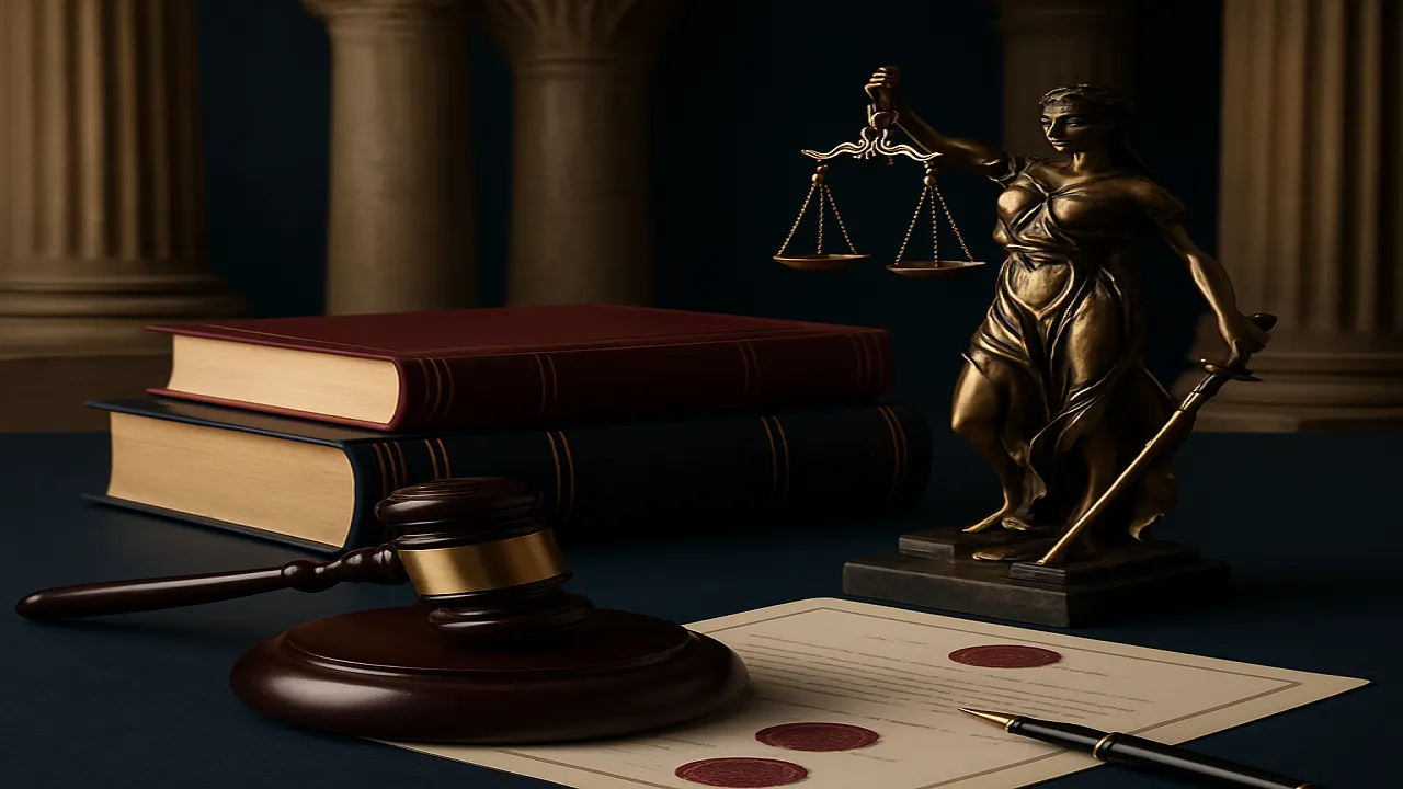 عناصر العدالة والقانون المصري: ميزان العدالة مع أوراق قانونية وأعمدة معمارية بتصميم احترافي وألوان سلطوية