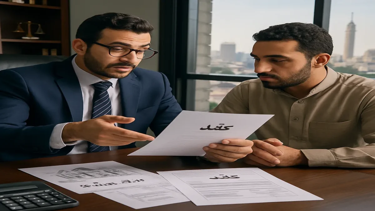 رسم توضيحي لمحامٍ يشرح مبدأ التعويض بمعدل في عقد المقايضة بين شخصين يتبادلان أعيانًا