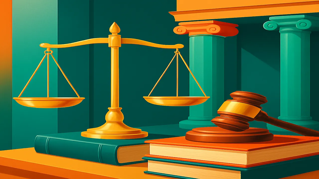 مكتب عبدالعزيز حسين عمار - الطعن أمام النقض والعدالة تصميم حديث متطور للمبادئ القانونية ميزان ذهبي متوازن بألوان زاهية وحديثة يمثل العدالة والحماية القانونية برفقة رموز قضائية مثل مطرقة وكتب قانون بألوان فيروزي وأخضر زمردي