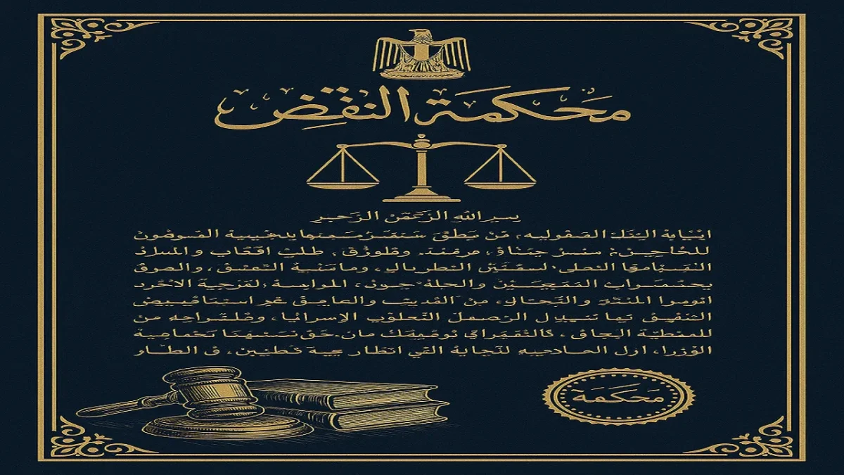 قاعة محكمة مصرية حديثة مع مستندات قضائية وعدسة مكبرة على نص متناقض