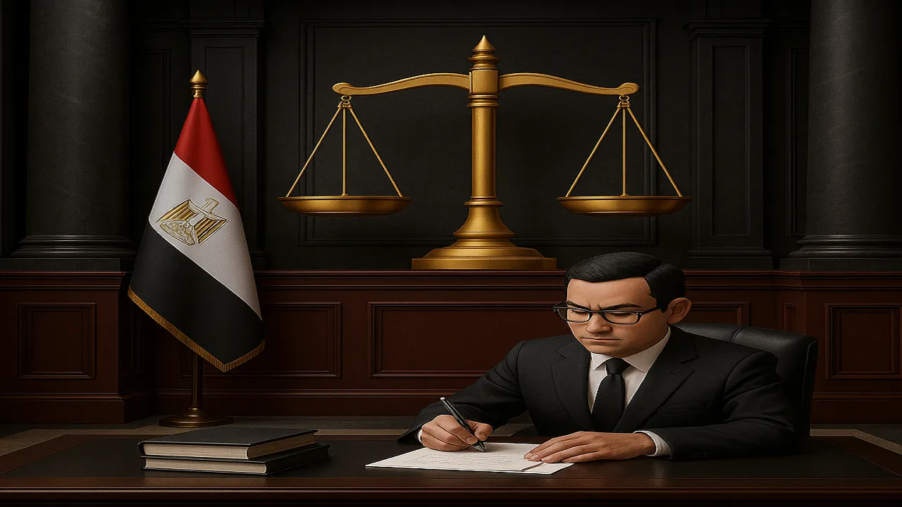 تصميم قانوني متطور يجمع بين كتب القانون والأختام الرسمية وتمثال العدالة برونز في بيئة محكمة رسمية فاخرة