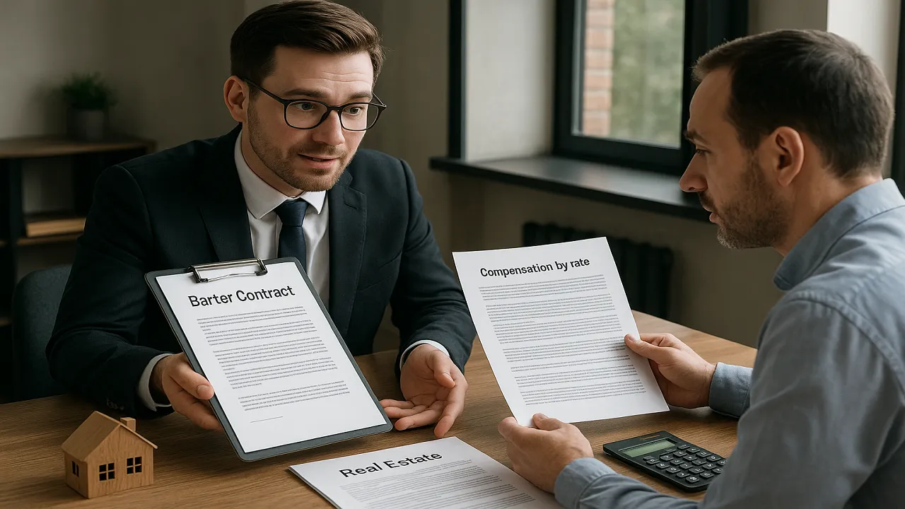 تصوير رمزي لعقد مقايضة غير متكافئ القيمة مع ميزان عدالة يرمز للتعويض بالمعدل