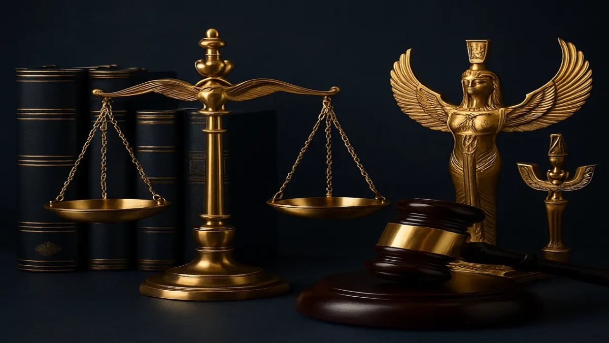 مبدأ لا يضار الطاعن بطعنه رموز العدالة والقضاء المصري ميزان العدالة متوازن يرمز لمبدأ لا يضار الطاعن بطعنه بجانب مطرقة القاضي وكتب القانون في قاعة محكمة بألوان زرقاء وذهبية