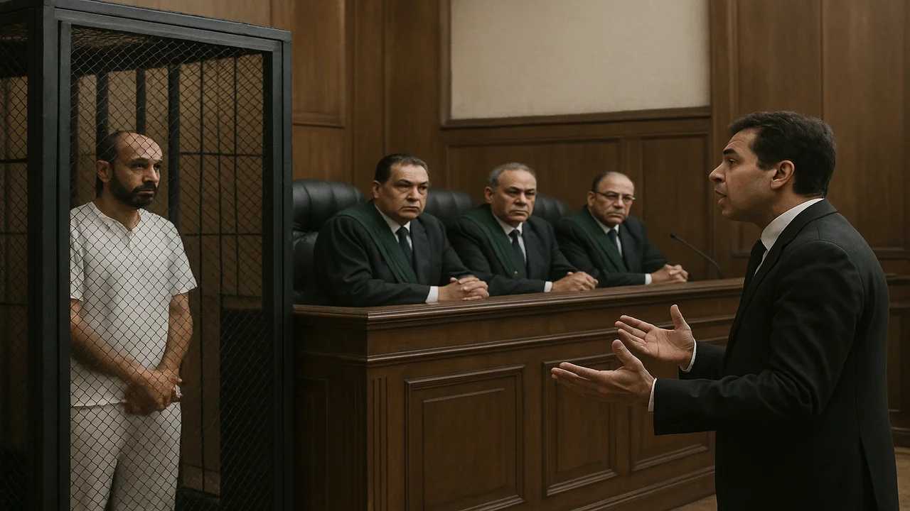 قاعة محكمة مصرية يظهر فيها القضاة على المنصة والمتهم داخل القفص والمحامي واقفا يترافع في قضية جنائية